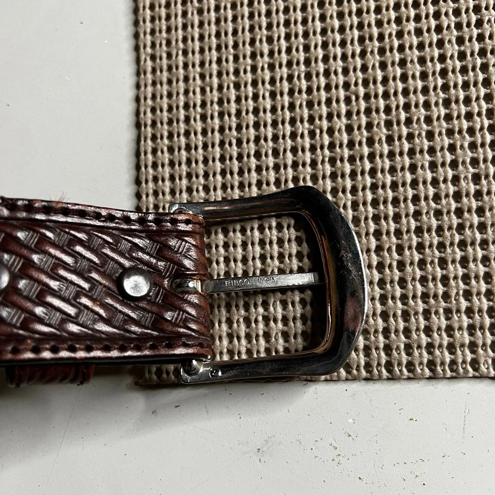 RIBCO USA Mens Brown Leather Basketweave Belt White Whipstitch Western 36